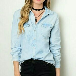 Light denim tie dye button down shirt women's size XS